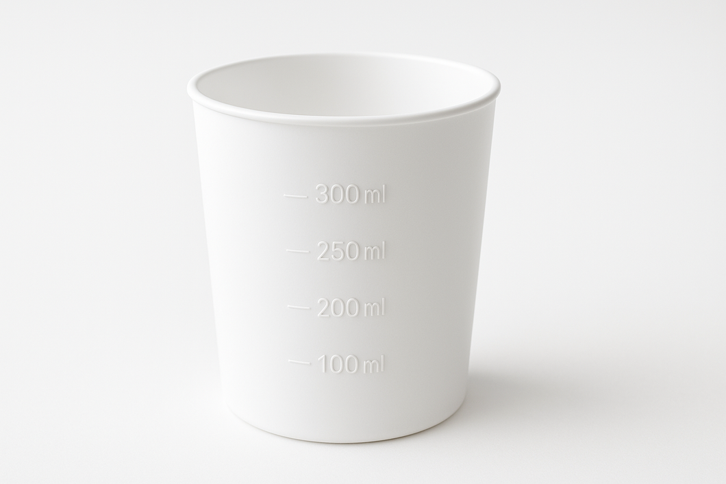 A white mouth wash cup with 300 ml volume