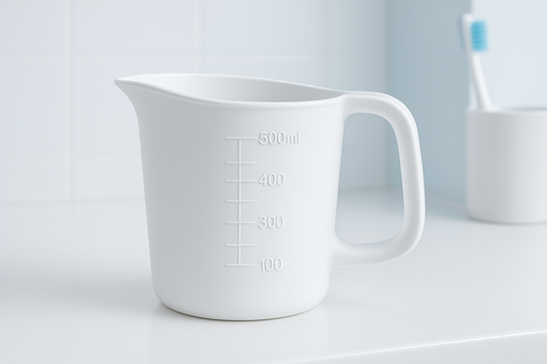 This plastic mouthwash cup has a volume of 500 ml. It features a convenient handle for easy gripping and controlled use. Its durable, lightweight design ensures reliable hygiene and comfort during rinsing. Ideal for both personal and professional settings, this cup supports effective oral care with practical functionality.